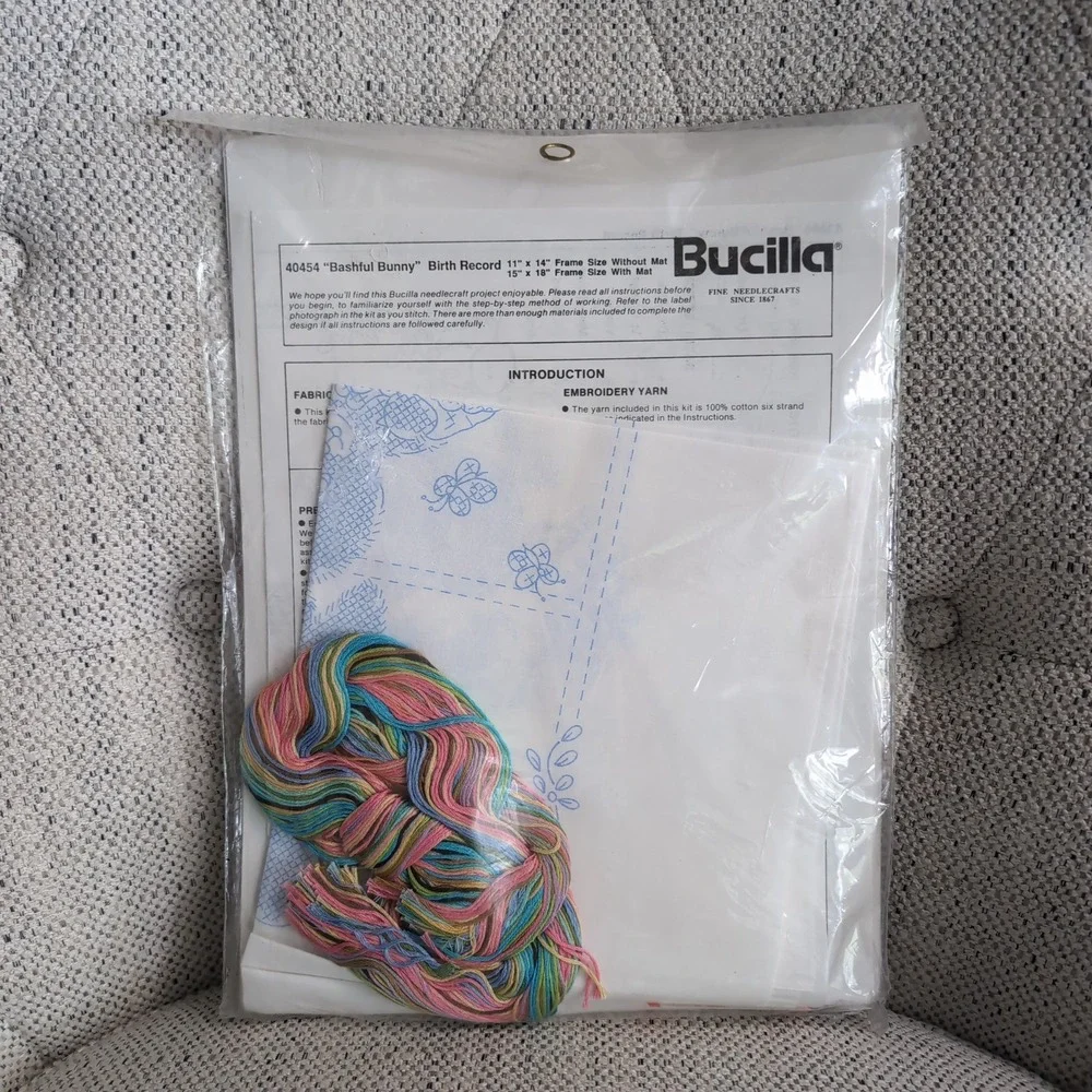Bucilla Stamped Cross Stitch Kit Baby Birth Record 11x14 Bashful Bunny 40454 90s